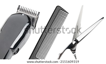 Hair clipper, Scissors, comb. Professional barber hair clipper and shears for Men haircut. Hairdresser salon equipment. Premium hairdressing Accessories. Business Card. Isolated on white background