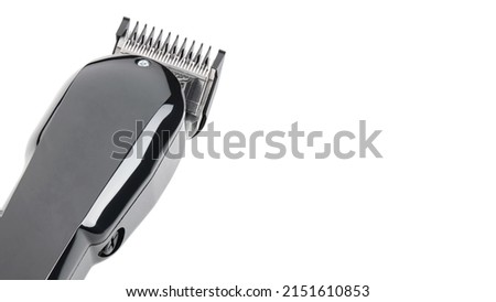 Hair clipper. Professional barber hair clipper for Men haircut. Hairdresser salon equipment. Premium hairdressing Accessories. Electric black hair clipper isolated on white background. Business Card.