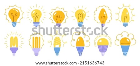 Light bulb simple cartoon set. Classic retro glass lamp with rays shine, ecology led line sign, economy lightbulb. Symbol idea and creativity innovation, modern invention. Saving electricity bulb Royalty-Free Stock Photo #2151636743