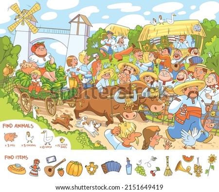 Find animals and find hidden objects in the picture. Festival in ethnic Slavic style. Ukrainian Country Fair. Funny cartoon characters. Colorful vector illustration Royalty-Free Stock Photo #2151649419