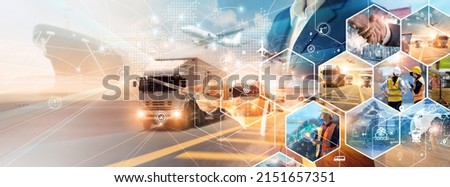 Transportation and logistic network distribution growth. Container cargo ship and trucks of industrial cargo freight for shipping. Business logistic import export and transport industry.  Royalty-Free Stock Photo #2151657351