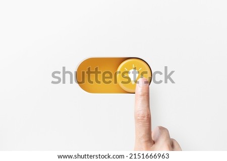 On and off toggle switch buttons with idea light bulb icon, Creative and idea sign, solution, thinking concept. Hand of woman turn on sign of innovation and success, 3D rendering. Royalty-Free Stock Photo #2151666963