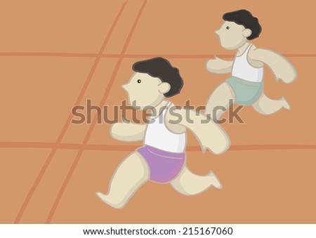 Cute vector illustration of two fat male athletes jogging barefoot on the running track