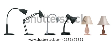 Table lamps, bedside and desktop electric light. Vector realistic set of 3d desk lamps with bulb, shade and round stand for office, bedroom or living room interior isolated on white background Royalty-Free Stock Photo #2151671819