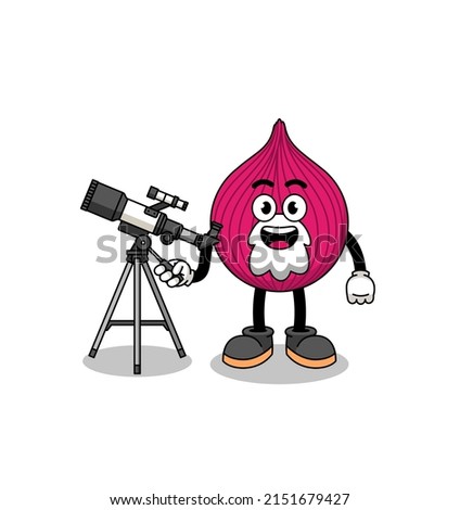 Illustration of onion red mascot as an astronomer , character design
