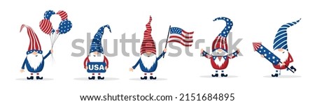 Patriotic american gnomes celebrate Independence day in the United States. Set of cute scandinavian elves with firework, balloons and flag. Happy 4th of july. Vector illustration in cartoon style.