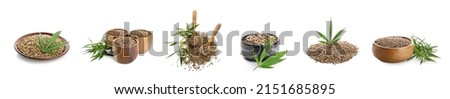 Set of healthy hemp seeds on white background Royalty-Free Stock Photo #2151685895