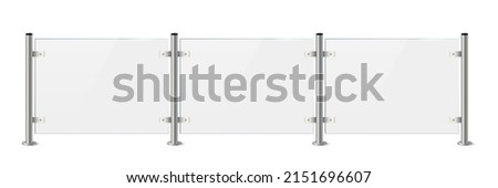 Glass or plexiglass fence with banisters. Architectural guardrail for balcony or office terrace vector illustration. Realistic modern decoration front view on white background Royalty-Free Stock Photo #2151696607