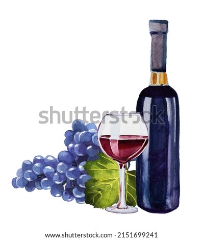 A bottle of red wine,Glass of vine and grapes. Watercolor alcohol drink painting. Vineyard concept illustration. Drink card themed clipart isolated on white.