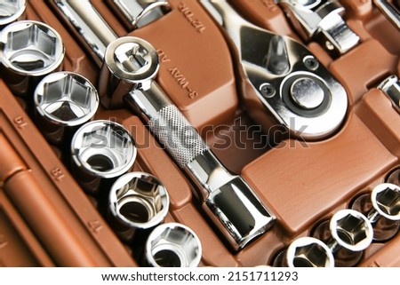 box of tools set close up top view. car wrenches close up