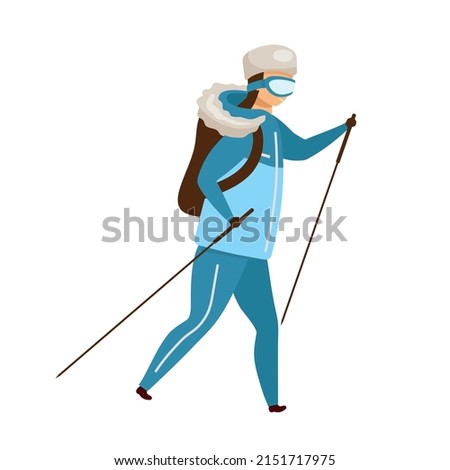 Girl with warm clothes and trekking poles semi flat color vector character. Posing figure. Full body person on white. Simple cartoon style illustration for web graphic design and animation