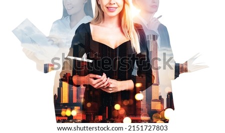 Business people with notebook in hands, businesswoman smiling, double exposure with New York skyscrapers at sunset. Concept of teamwork and leadership. Mockup copy space