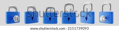3d blue locked and unlocked padlock icon set with key isolated on gray background. Render minimal padlock with a keyhole. Confidentiality and security concept. 3d cartoon simple vector illustration Royalty-Free Stock Photo #2151739093