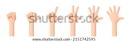Hands set. Realistic 3d design in cartoon style. Hand shows signs of various counting gestures. Collection isolated on white background. 3d Vector illustration