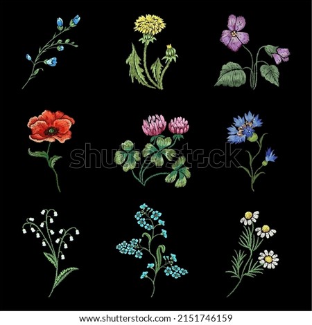 Stitch embroidery wild flowers. Decorative vector set isolated elements on the black background. Royalty-Free Stock Photo #2151746159