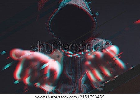 Cyber criminal arrest, unrecognizable hooded person with handcuffs, digitally enhanced with glitch effect, selective focus Royalty-Free Stock Photo #2151753455