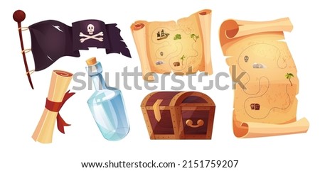 Pirates set icons in cartoon style. Flag with white skull and crossing bones. Waving black flag. Ancient parchment pirate's treasure map, bottle, paper with vintage texture. Chest.  Royalty-Free Stock Photo #2151759207