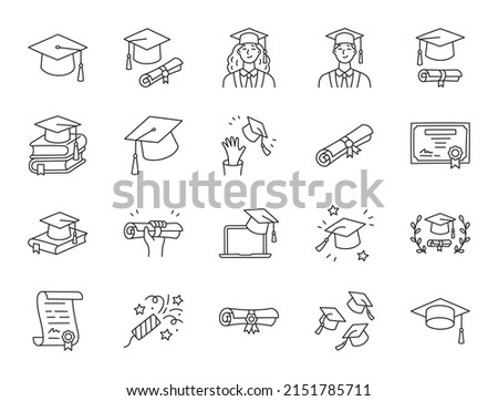 Graduation doodle illustration including icons - student in cap, diploma certificate scroll, university degree . Thin line art about high school education. Editable Stroke. Royalty-Free Stock Photo #2151785711