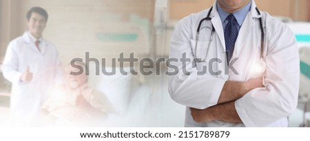  Medicine doctor with stethoscope in hand and Patients come to the hospital background.Healthcare people group. Professional doctor working in hospital office or clinic with other doctors