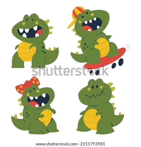 Cute dinosaurs with funny emotions vector cartoon characters set isolated on a white background.