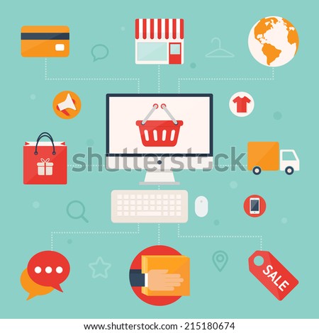 E-commerce and internet shopping concept, flat icons, vector illustration