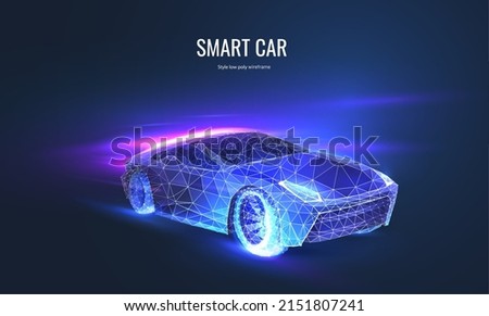 Car electric in speed in digital futuristic polygonal style. Automotive technology or smart car. Silhouette of a car with light effect and wireframe. Vector illustration