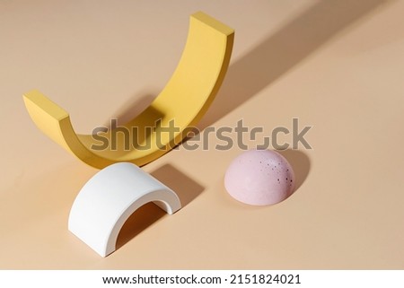 Geometric concrete figure and stones on pastel background. Modern set from various materials and geometric shapes. Royalty-Free Stock Photo #2151824021