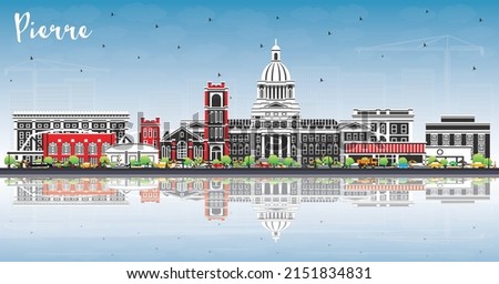 Pierre South Dakota City Skyline with Color Buildings, Blue Sky and Reflections. Vector Illustration. Pierre USA Cityscape with Landmarks. Travel and Tourism Concept with Modern Architecture.