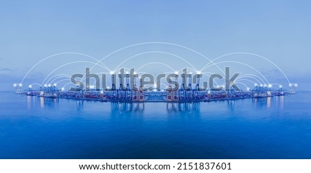 Island for shipping containers port, World map with logistic Global network distribution. Cargo freight ship for international order worldwide concept. Cargo containers ship with fast  Royalty-Free Stock Photo #2151837601