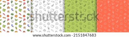 
set of minimalistic linear vegetarian patterns with vegetables. tomatoes, cucumbers, potatoes, asparagus, broccoli, cabbage, corn. vector illustration for packaging. Royalty-Free Stock Photo #2151847683