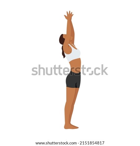 Woman doing Upward salute pose urdhva hastasana exercise. Flat vector illustration isolated on white background