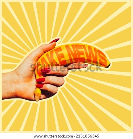 Contemporary art collage. Female hand holding banana with fake news lettering isolated over yellow background. Pop art design Concept of creativity, disinformation, rumor, gossips, ad