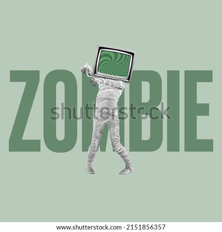 Contemporary artwork. Man in image of zombie with TV set head isolated on green background. Blind following. Fake news, disinformation. Concept of creativity, imagination, rumors. Copy space for ad