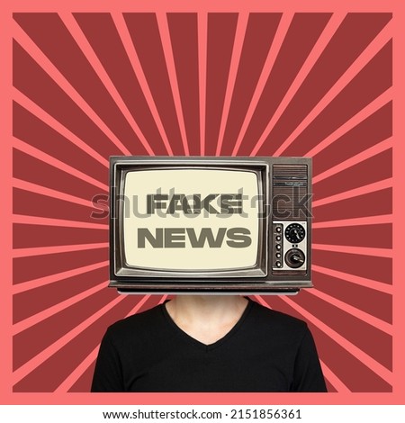 Contemporary art collage. Man with retro TV set instead head showing fake news isolated over red background. Vintage style. Fake information on media. Concept of creativity, rumors, imagination, ad Royalty-Free Stock Photo #2151856361