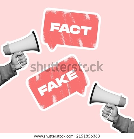 Contemporary art collage. Human hands holding megaphones and spreading fake news. Messages bubbles. Pop art design. Concept of information, creativity, social issues, rumors. Copy space for ad Royalty-Free Stock Photo #2151856363