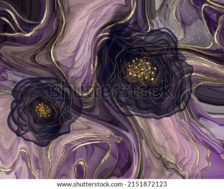 abstract texture with golden lines and alcohol ink with dark blue flowers