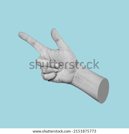 A young woman's hand indicating at a copy empty blank space for text and design isolated on a blue background. Pointing finger gesture. 3d trendy collage in magazine style. Modern contemporary art Royalty-Free Stock Photo #2151875773