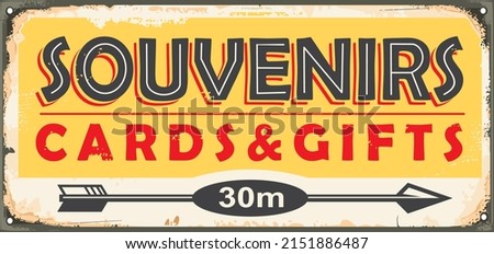 Souvenir shop retro sign board template. Vintage inscription for souvenir store on old metal background. Souvenirs, cards and gifts vector image. Royalty-Free Stock Photo #2151886487