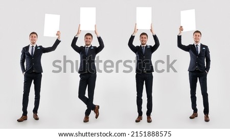 Promotion Billboard. Collage Of Cheerful Business Male Hold White Advertisement Board In Hands, Standing Isolated On White Studio Background, Raising Lifting Sign Board Up Above Head, Full Body Length