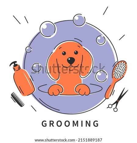 Dog pet grooming. Animal hair grooming salon logo, haircuts, bathing. Cartoon dog taking a bath full of soapy suds.Vector illustration Royalty-Free Stock Photo #2151889187
