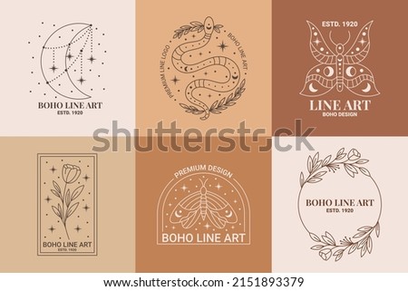 Boho mystic doodle esoteric logo set. Magic line art icon with moon, snake, rose, moth, floral wreath. Bohemian modern vector illustration