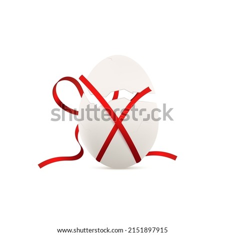 Chicken white egg with crack on realistic vector illustration, decorated with red ribbon. Two halves of broken egg tied on cross isolated on white. Realistic eggshells with shadow, easter design