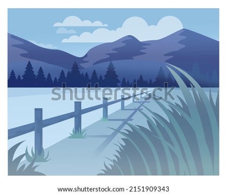 Mesmerizing landscape in anime style. Beautiful countryside sunset, sunrise or night with mountains, lakes and trees. Temple panorama. Flat vector illustration