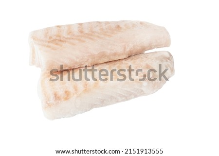 Two pieces of frozen cod fish loins, isolated on white background.
