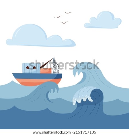 Marine composition, fishing boat in the sea. Vector objects in cartoon style