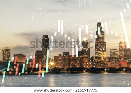 Multi exposure of virtual abstract financial diagram on Chicago office buildings background, banking and accounting concept