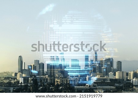 Double exposure of abstract creative programming illustration and world map on Los Angeles office buildings background, big data and blockchain concept