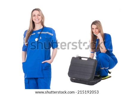 The image of an emergency woman doctor in the blue suit