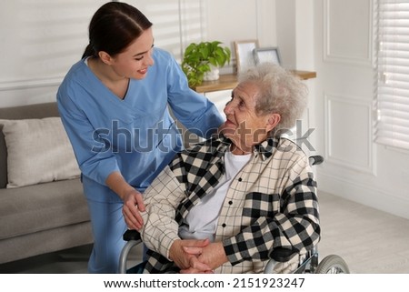 Young caregiver assisting senior woman in wheelchair indoors. Home health care service Royalty-Free Stock Photo #2151923247
