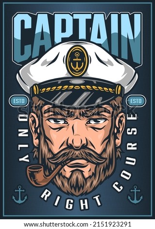 Poster with seaman in sailor captain hat smoking pipe vector illustration